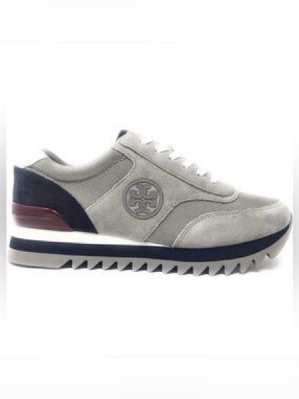 Tory Burch Sawtooth Logo Suede Sneaker Gray Maroon Navy Size 6.5